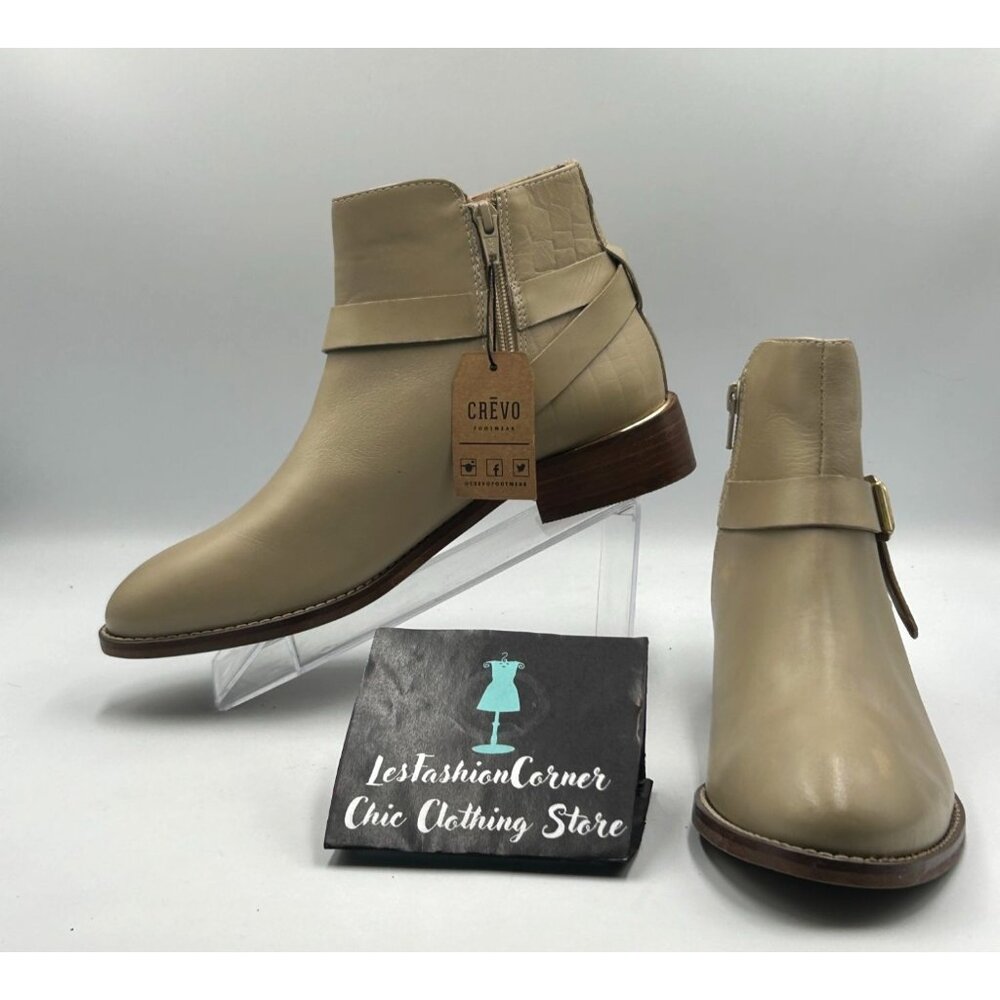 NWT Crevo Women's Beige Leather Strap Buckle Design Ankle Boots Size 8.5 2973 - Picture 1 of 16